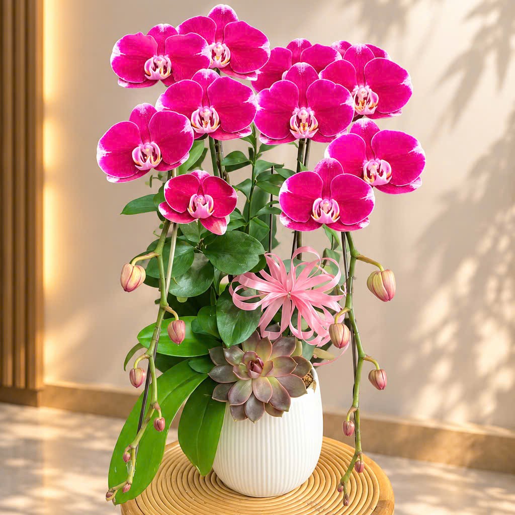 Chậu lan để bàn 2 cành đỏ tướng quân