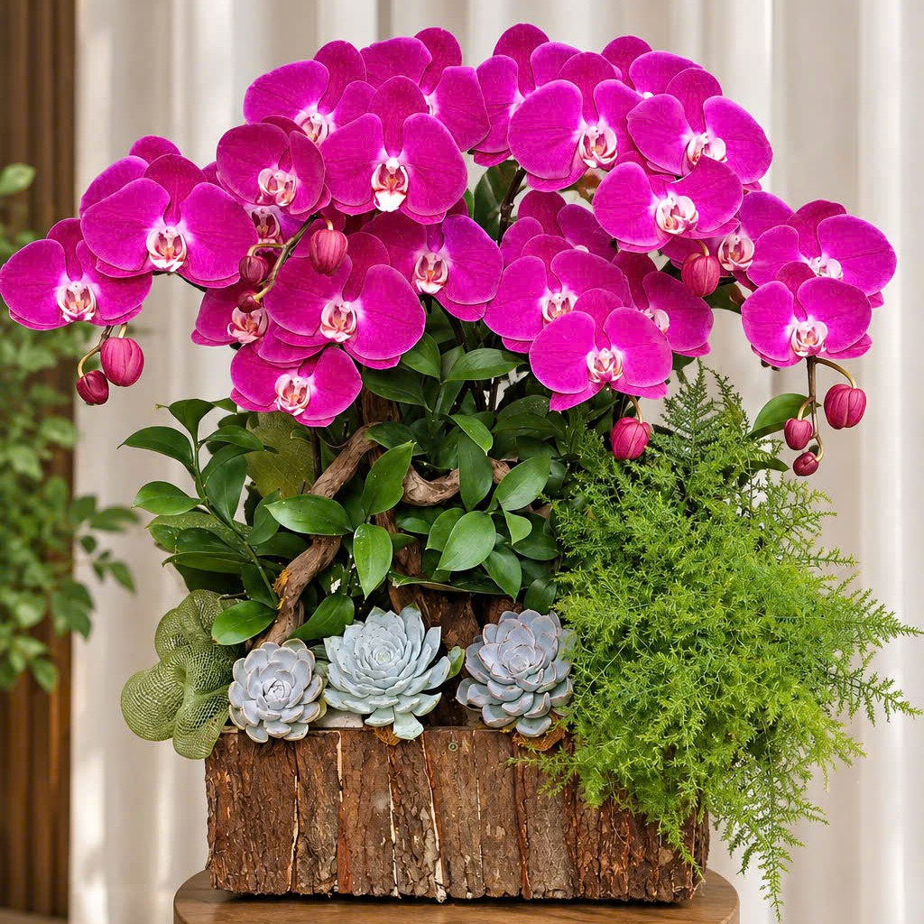 Chậu lan để bàn gỗ lũa