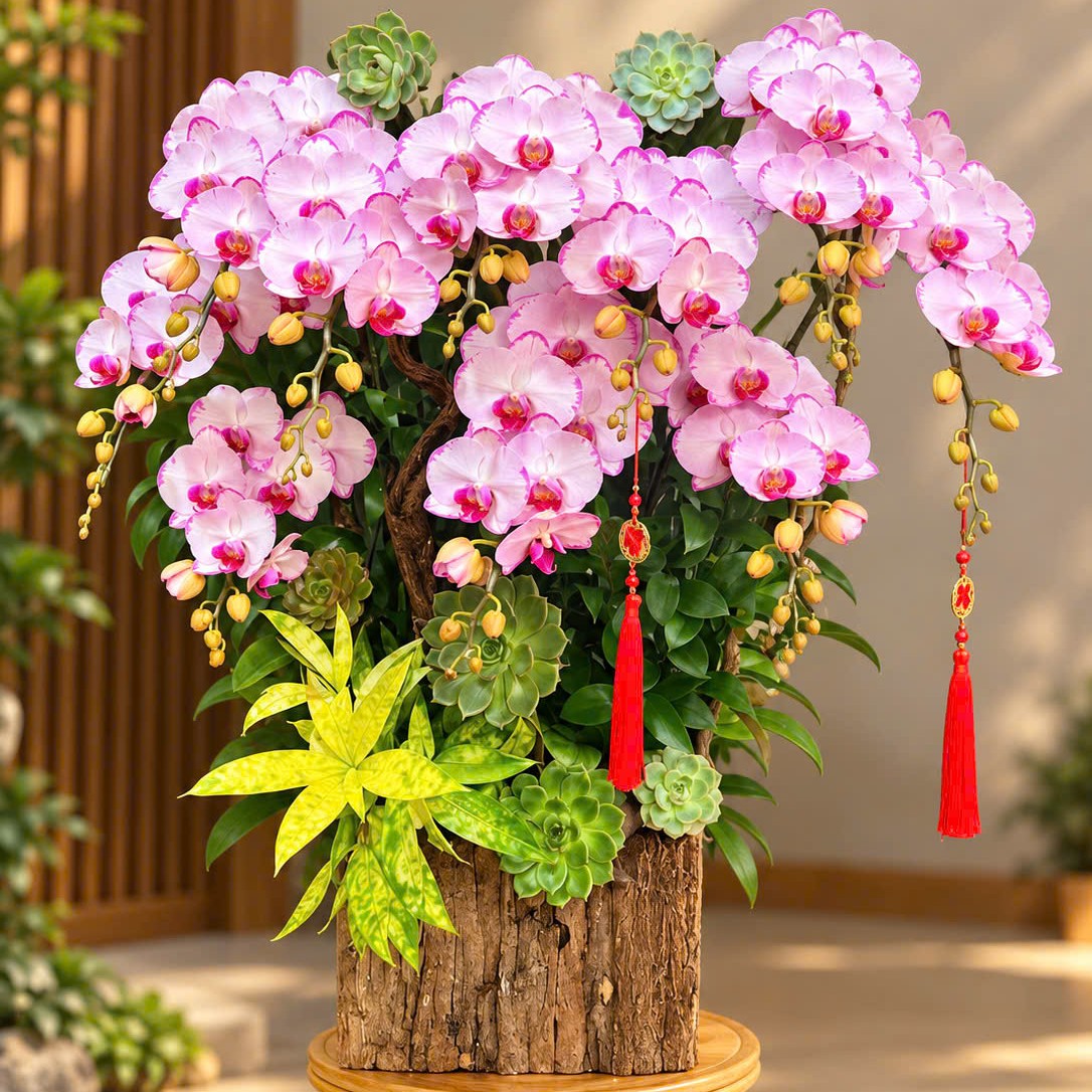 Chậu lan gỗ lũa để bàn tone hồng