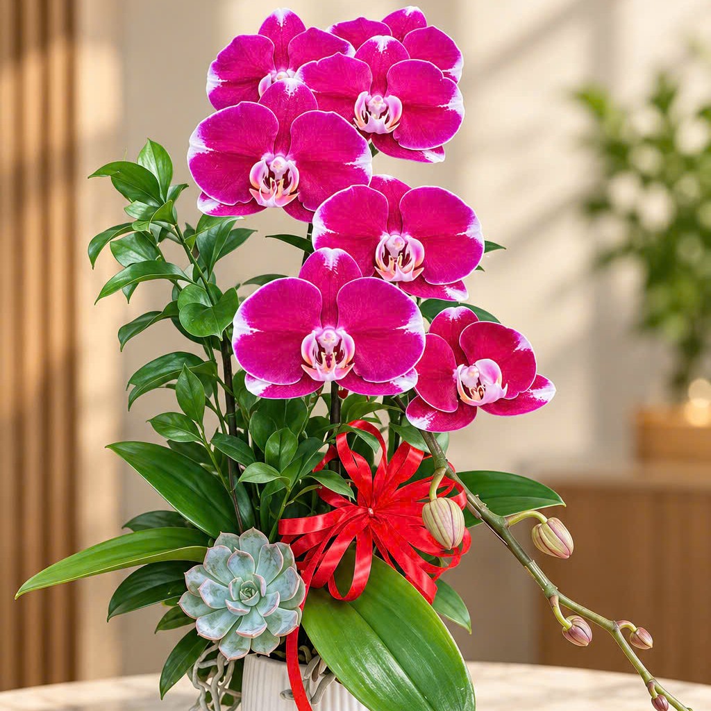 Chậu lan 1 cành để bàn decor basic