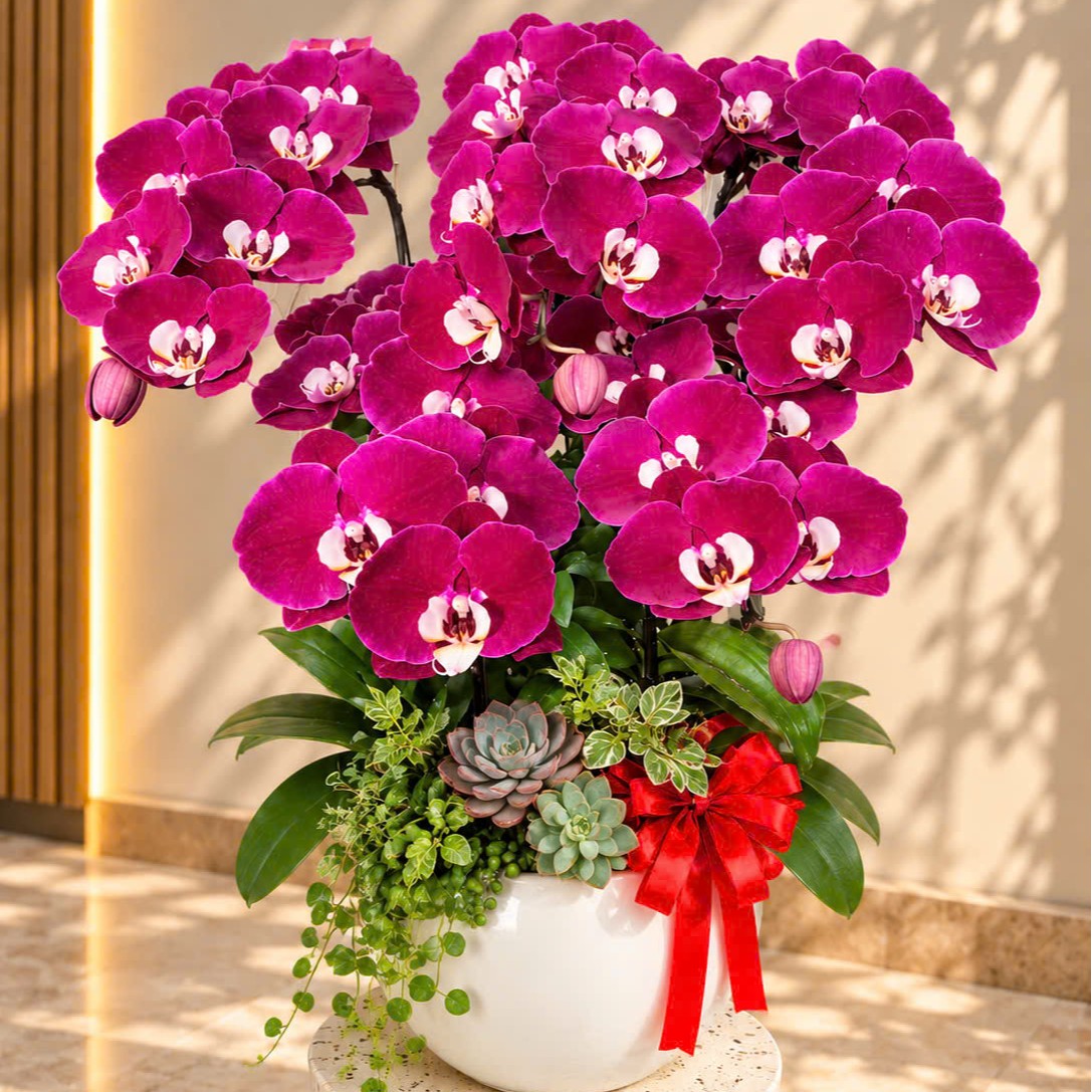 Chậu lan để bàn 5 cành đỏ mechilee